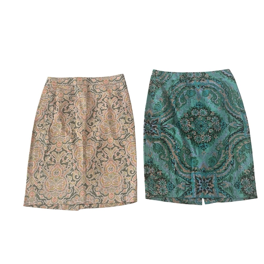 J. Crew Size 0 Pencil Skirt Lot of 2, Orange Paisley & Teal Abstract 98% Cotton